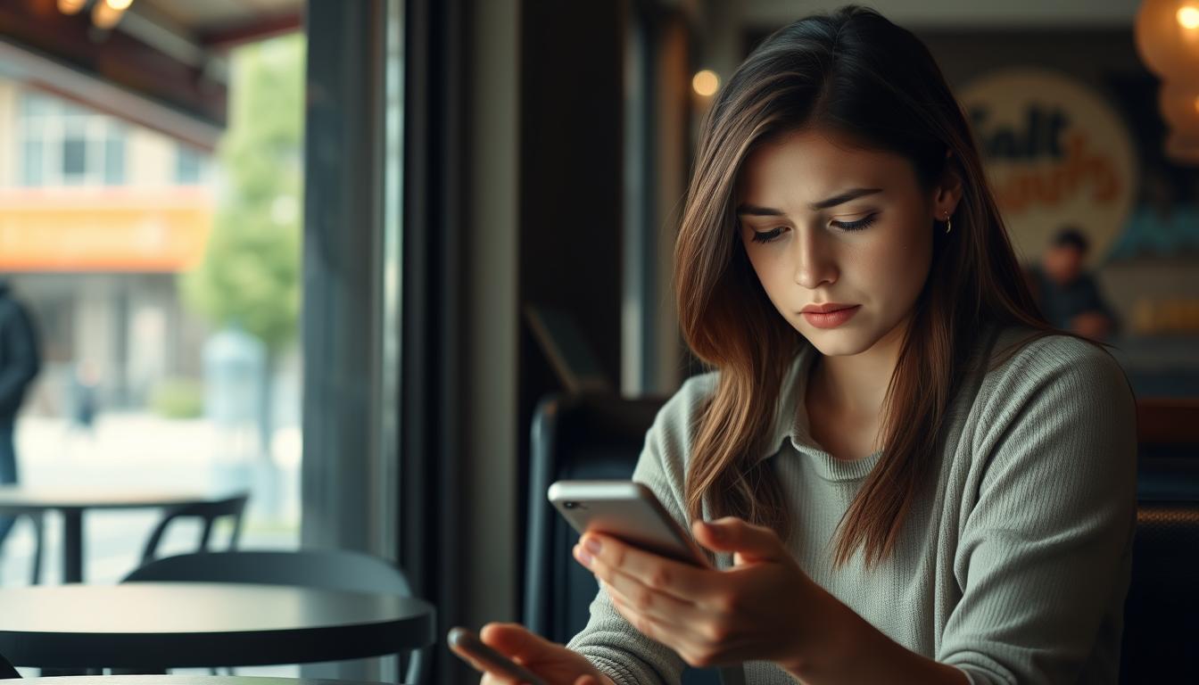 Kobieta patrząca smutno na telefon, czekając na odpowiedź od przyjaciółki, która nie ma dla niej czasu