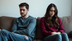 Para siedząca tyłem do siebie na kanapie - jeden z sygnałów, po czym poznać że związek się rozpada