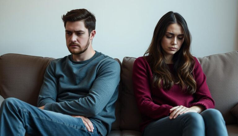 Para siedząca tyłem do siebie na kanapie - jeden z sygnałów, po czym poznać że związek się rozpada