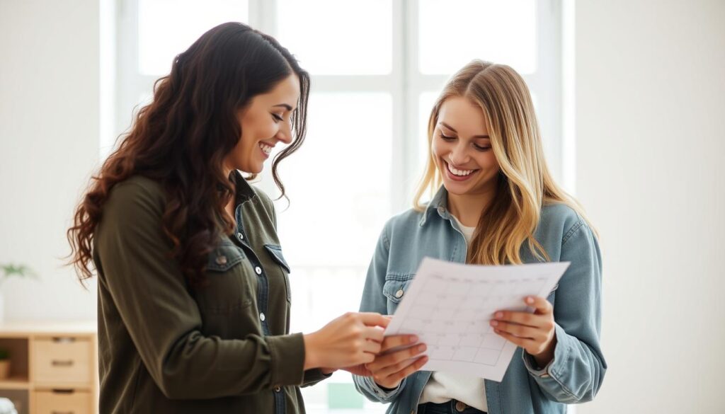 Przyjaci&oacute;łki planujące wsp&oacute;lne aktywności w kalendarzu, znajdując czas mimo napięcych grafik&oacute;w