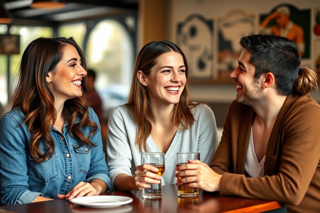 Trzy osoby spędzające razem czas - przyjaci&oacute;łki i partner jednej z nich, pokazujące możliwość integracji relacji