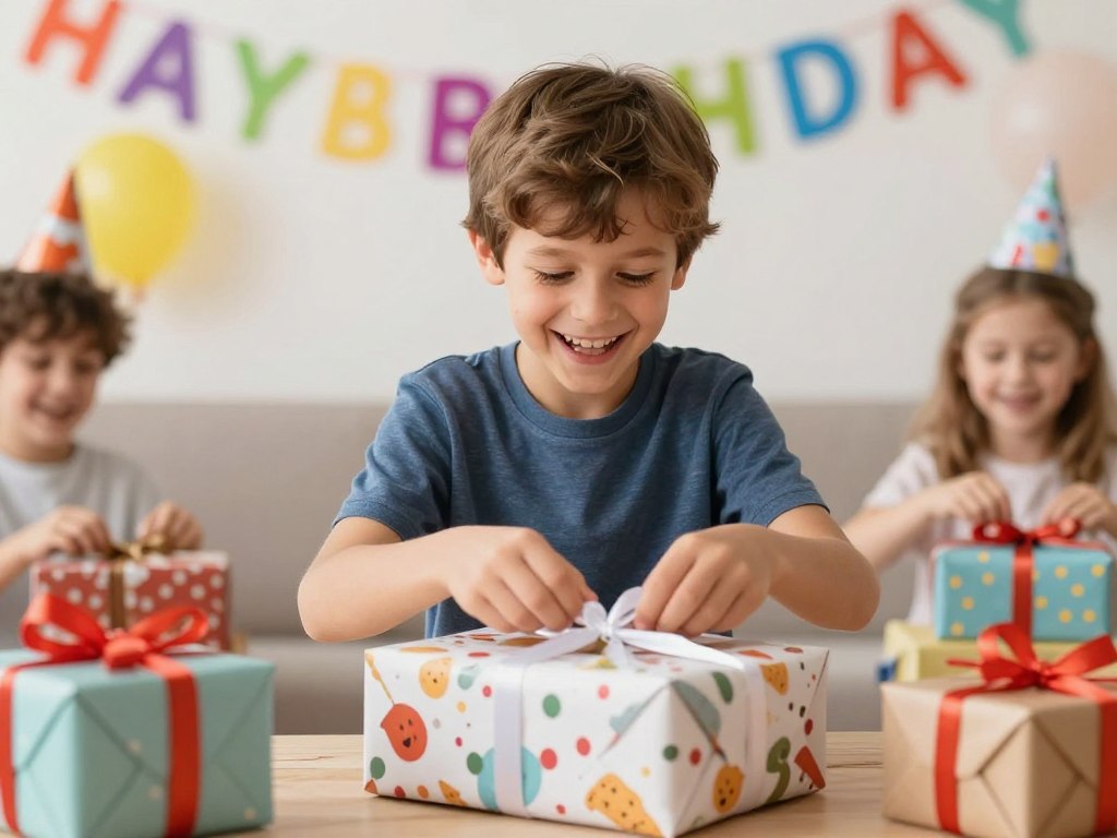 11-letni chłopiec śmiejący się podczas rozpakowywania zabawnych prezent&oacute;w urodzinowych