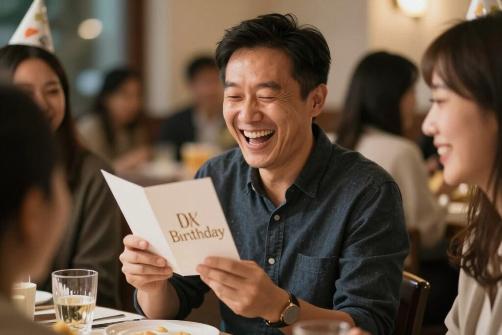 35-latek śmiejący się z zabawnej kartki urodzinowej, otoczony przyjaci&oacute;łmi