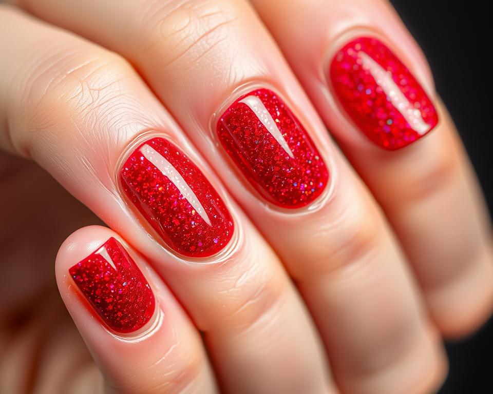 Detailed close-up of a woman's hand, delicate fingers neatly manicured with a vibrant red hybrid nail polish infused with glittering holographic flecks. The nails catch the light, creating a mesmerizing shimmer and shine. The background is blurred, focusing all attention on the captivating nail art. Soft, even lighting illuminates the carefully crafted texture, giving the nails a luxurious, high-quality appearance. The overall mood is one of sophistication, elegance, and an appreciation for beauty in the small details.