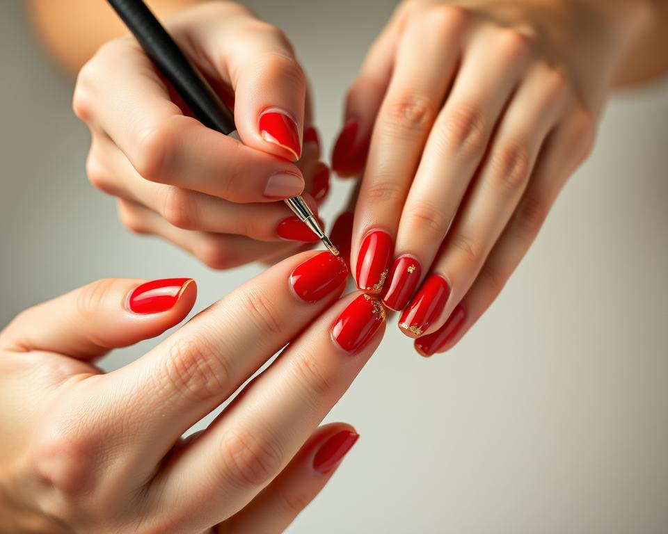 Detailed close-up of elegant female hands meticulously applying red hybrid nail polish with glittering gold flecks. Soft, diffused studio lighting casts a warm, inviting glow. Emphasis on the intricate application process, with careful attention to cuticle care and smooth lacquer application. Glossy, reflective finish on the nails creates a luxurious, high-end aesthetic. Neutral, minimalist background allows the vibrant red and sparkly accents to take center stage, highlighting the beauty and artistry of the manicure.
