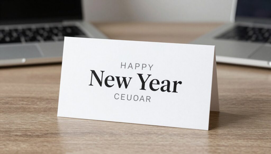 Elegancka karta z życzeniami noworocznymi na biurku biznesowym, profesjonalny wygląd