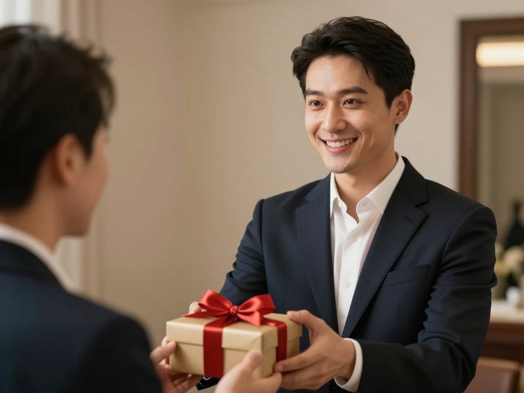 Elegancki mężczyzna odbierający prezent z okazji Dnia Mężczyzny, uśmiechnięty