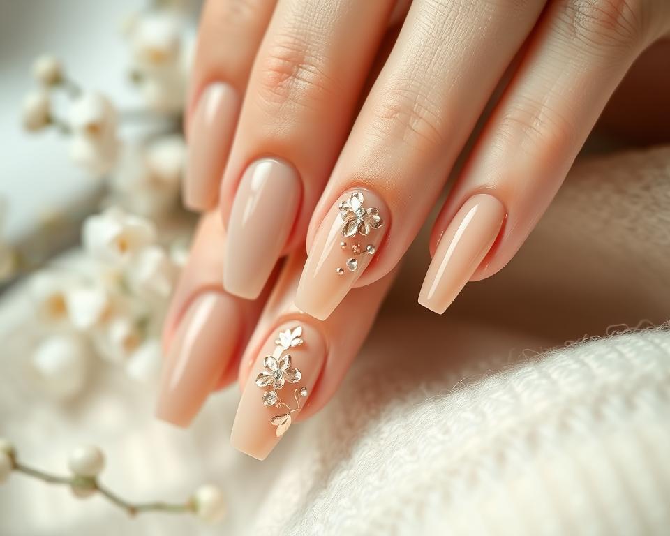 Elegant beige nail designs with delicate floral accents and intricate metallic embellishments. A soft, natural palette with a touch of glamour. Finely polished nails in a range of beige hues, from soft ivory to warm caramel, adorned with subtle rose gold foil patterns and tiny rhinestone accents. Captured in natural lighting with a shallow depth of field, creating a serene, spa-like ambiance. Showcasing a sophisticated and versatile nail art style perfect for any occasion.