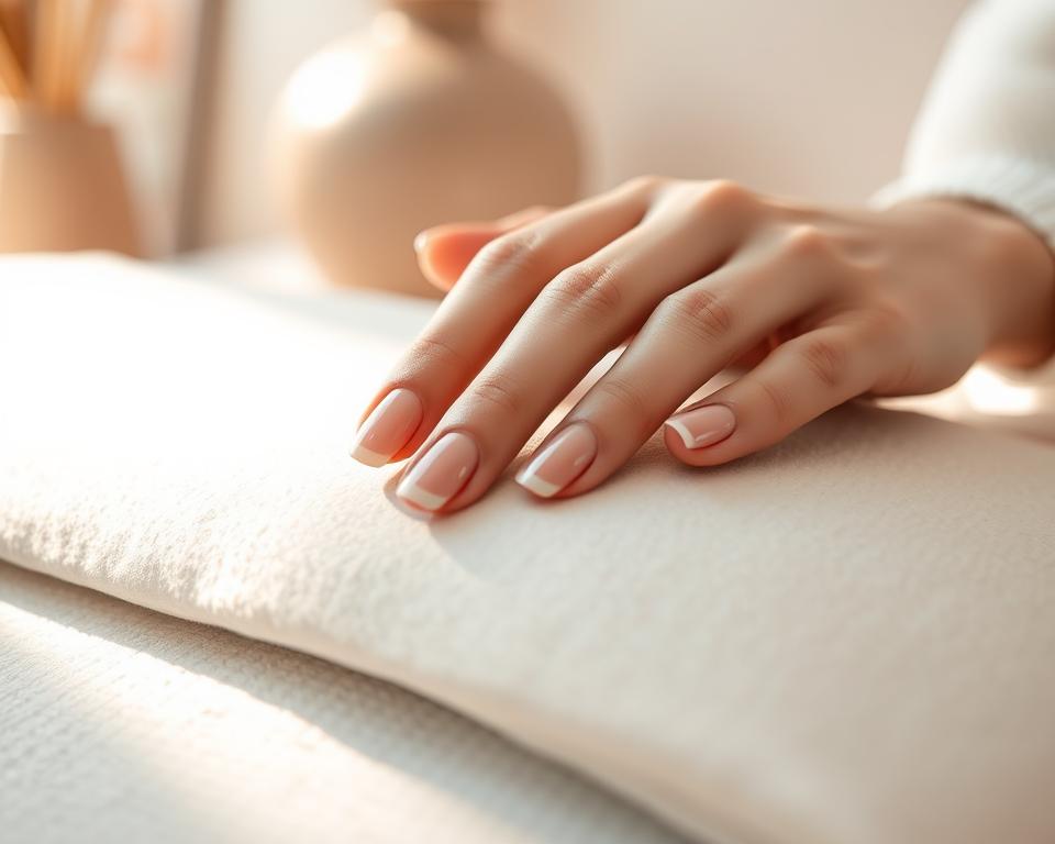 Elegant beige nails with delicate manicure techniques. In the foreground, close-up of a feminine hand with well-groomed, subtly shimmering beige nail polish. Middle ground features the hand resting on a soft, neutral surface, illuminated by natural, warm lighting. In the background, a blurred, minimalist setting with muted tones, creating a serene, spa-like atmosphere. The composition emphasizes the beauty and sophistication of the beige nails, captured through a high-quality, high-resolution camera lens.