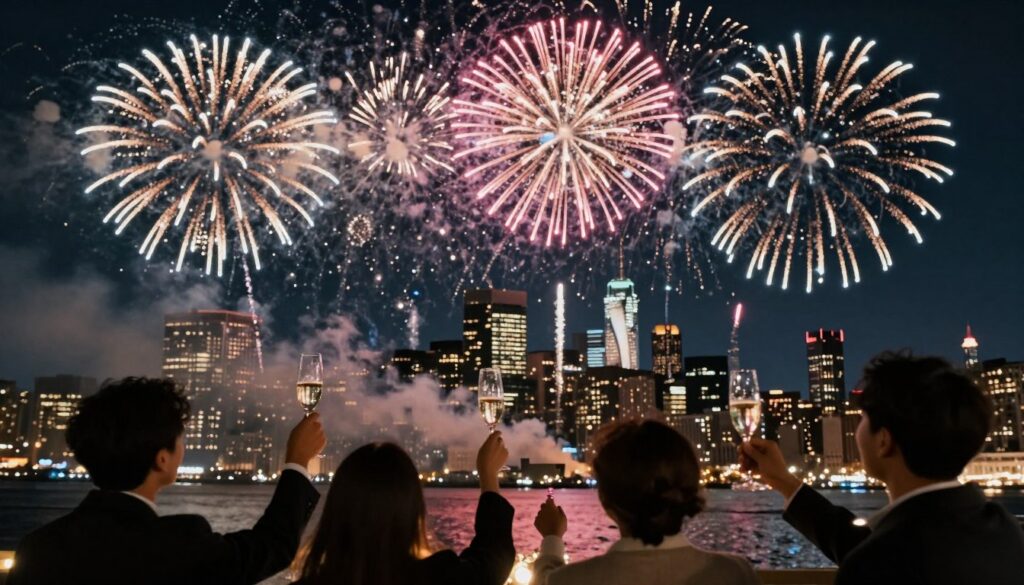 Fajerwerki nad miastem w Nowy Rok, świętujący ludzie z kieliszkami szampana