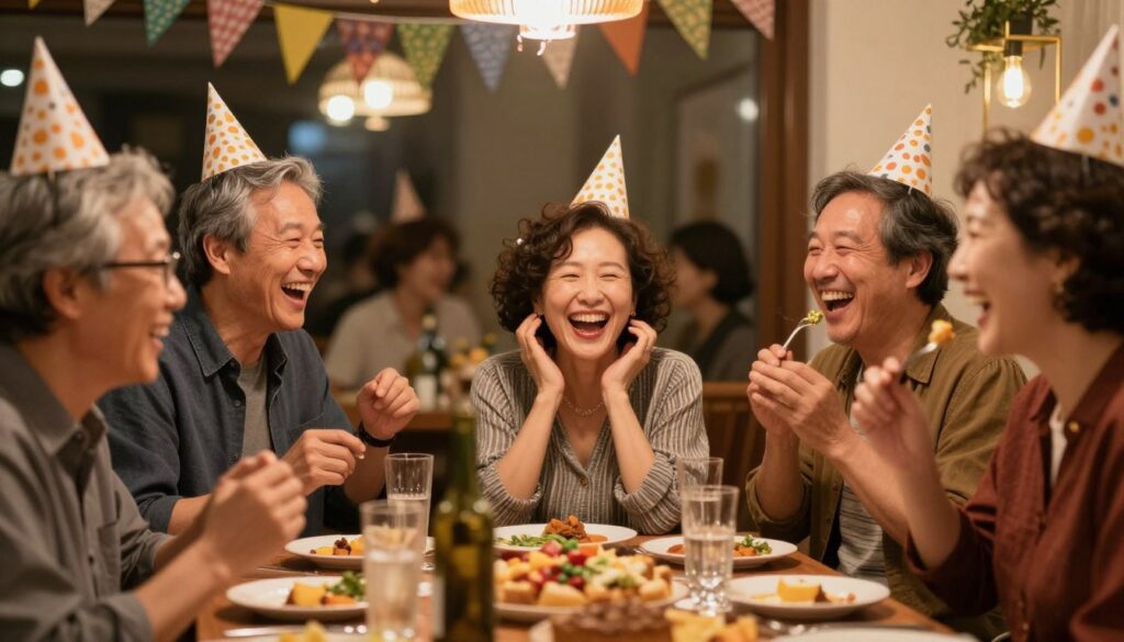 Grupa przyjaci&oacute;ł śmiejąca się podczas urodzinowego przyjęcia z zabawnymi dekoracjami