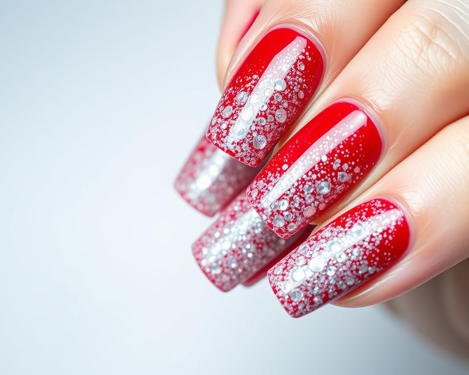 Highly detailed, glossy, well-manicured nails with a vibrant red gel polish base, accented by sparkling, multifaceted silver holographic glitter in a stylish, modern arrangement. The nails are presented in a flattering, three-quarter view, with a soft, directional lighting that creates depth and dimension, highlighting the intricate textures and reflective qualities of the bejeweled design. The overall composition evokes a chic, trendy, and fashionable aesthetic, perfectly suited to illustrate the "Trendy w stylizacji paznokci z brokatem" section of the article on "hybryda czerwona z brokatem."