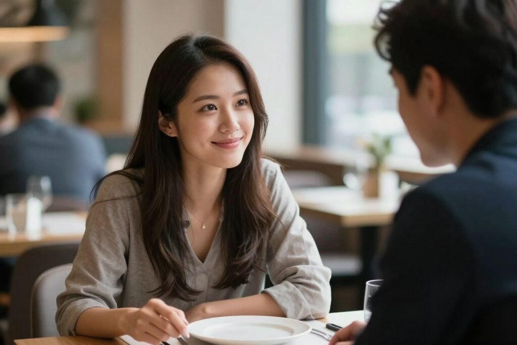 Kobieta utrzymująca kontakt wzrokowy z mężczyzną, co jest silnym sygnałem zainteresowania