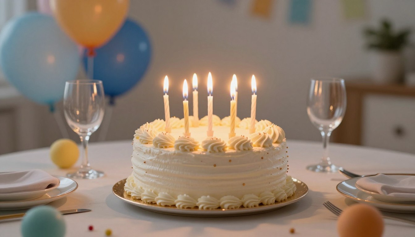 Kolorowy tort urodzinowy z zapalonymi świeczkami na elegancko nakrytym stole