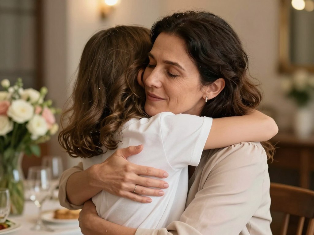 Matka i c&oacute;rka przytulające się, wzruszone moment podczas świętowania imienin