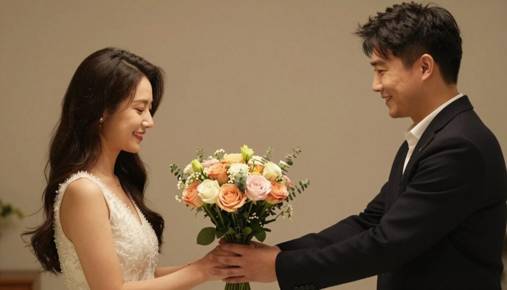 Mąż wręczający bukiet kwiat&oacute;w żonie z okazji urodzin, romantyczny moment