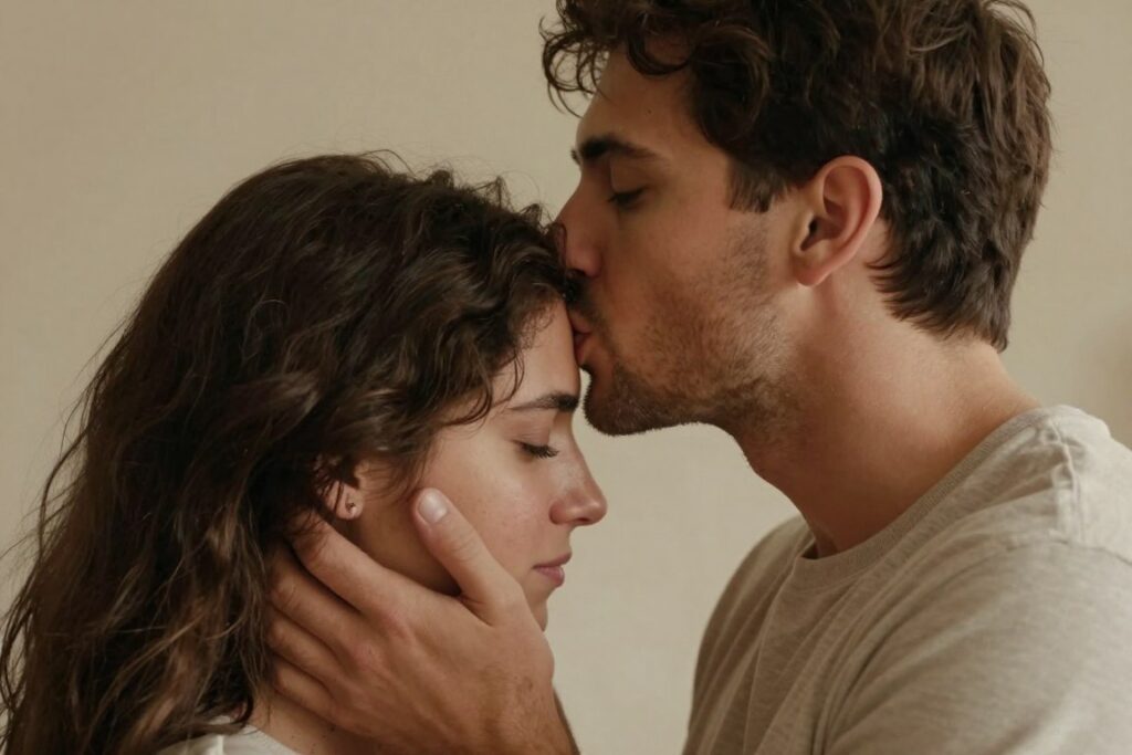 Mężczyzna całujący kobietę w czoło, co symbolizuje opiekuńczość i czułość