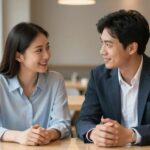 Mężczyzna i kobieta flirtujący przy stoliku w kawiarni, wykazujący pozytywne sygnały mowy ciała