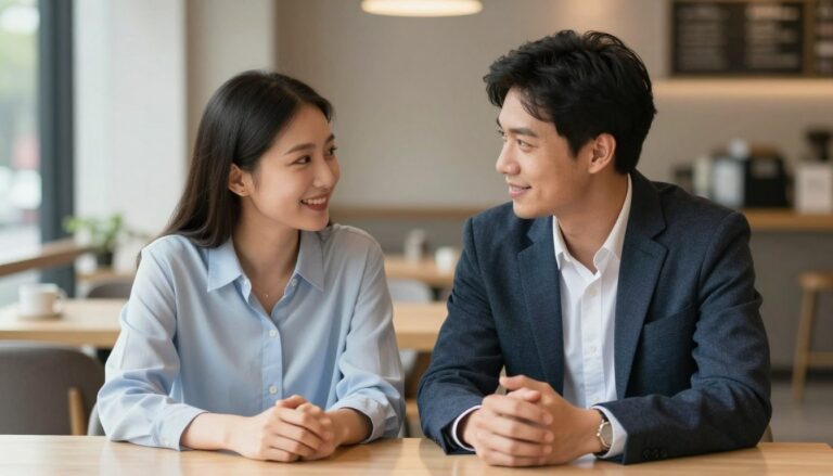 Mężczyzna i kobieta flirtujący przy stoliku w kawiarni, wykazujący pozytywne sygnały mowy ciała