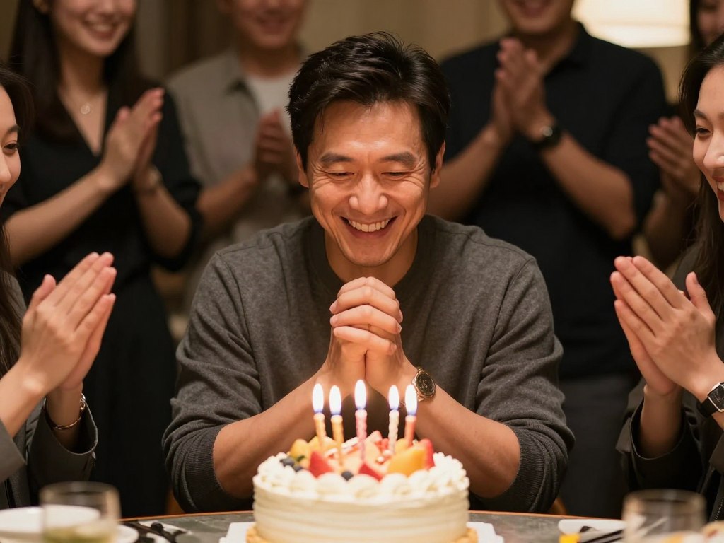 Mężczyzna świętujący urodziny w otoczeniu przyjaci&oacute;ł, uśmiechnięty, z tortem urodzinowym