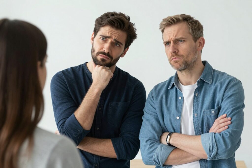 Mężczyzna z niezdecydowaną mową ciała, wysyłający mieszane sygnały