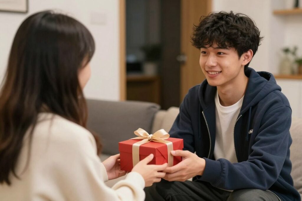 Młody chłopak otrzymujący prezent od dziewczyny z okazji Dnia Chłopaka