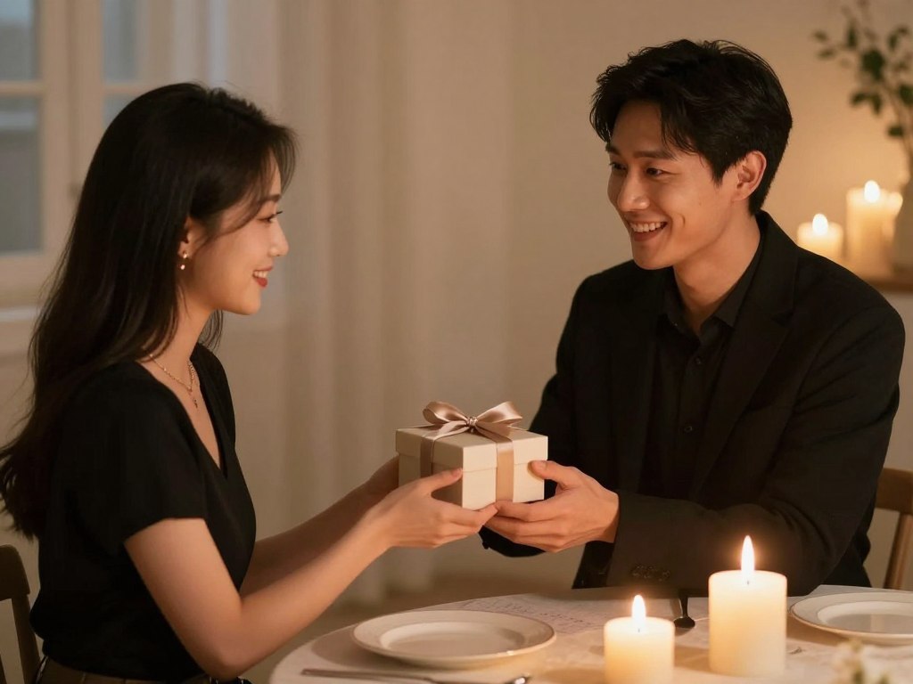Narzeczony wręczający prezent urodzinowy narzeczonej, romantyczna atmosfera