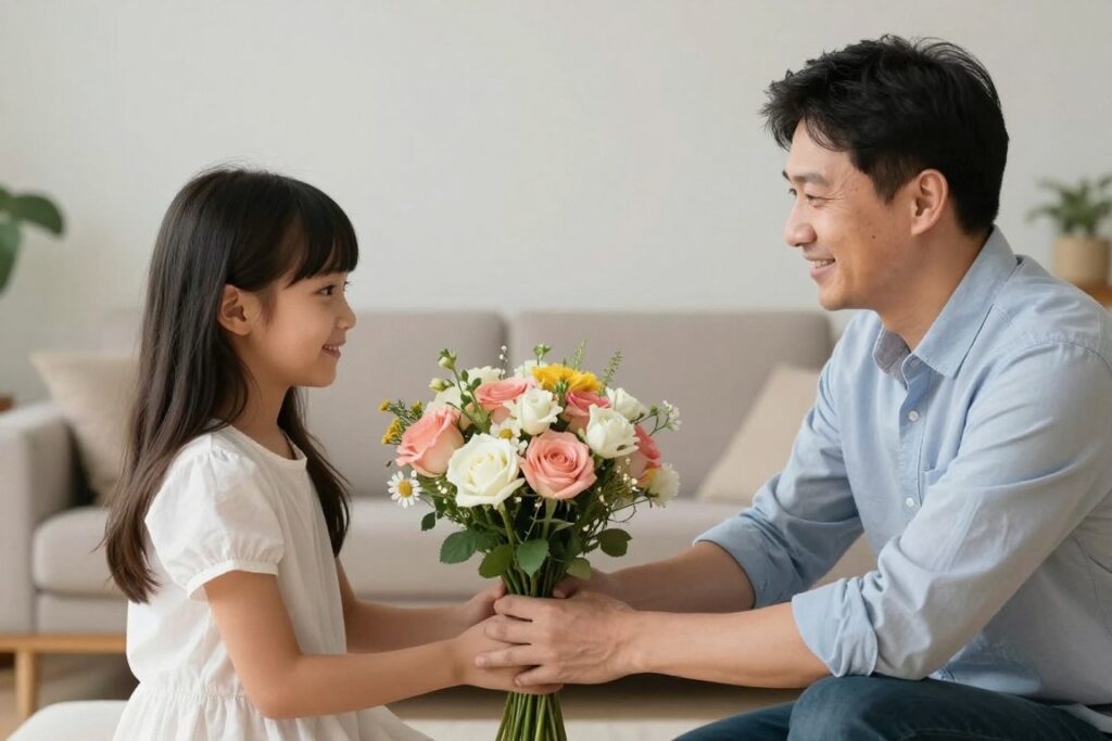 Ojciec wręczający bukiet kwiat&oacute;w c&oacute;rce z okazji imienin, ciepła rodzinna atmosfera