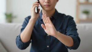 Osoba grzecznie odmawiająca zaproszenia podczas rozmowy telefonicznej, jak grzecznie odmówić zaproszenia