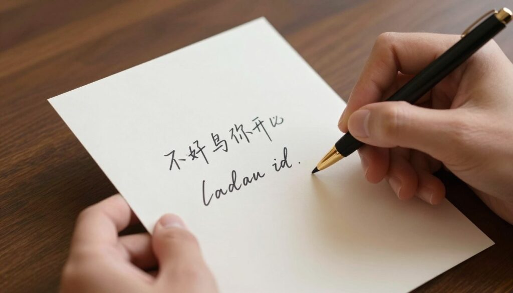 Osoba pisząca odręczne życzenia w eleganckiej kartce, z zamyślonym wyrazem twarzy