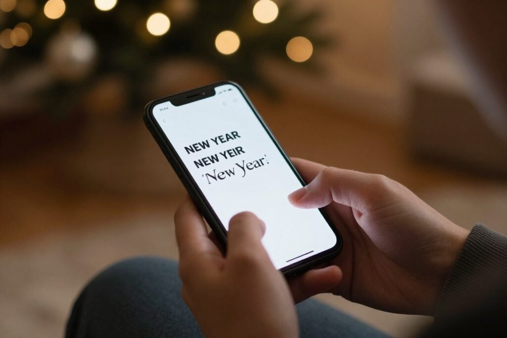 Osoba pisząca życzenia noworoczne na telefonie, w tle świąteczne dekoracje