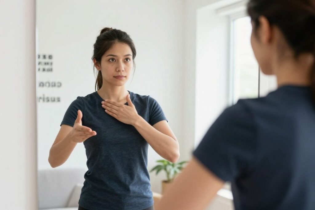 Osoba praktykująca asertywną odmowę przed lustrem, jak grzecznie odm&oacute;wić