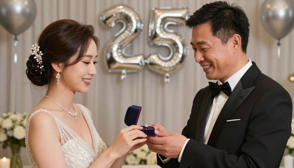 Para świętująca 25 rocznicę ślubu, wzruszony moment wymiany obrączek