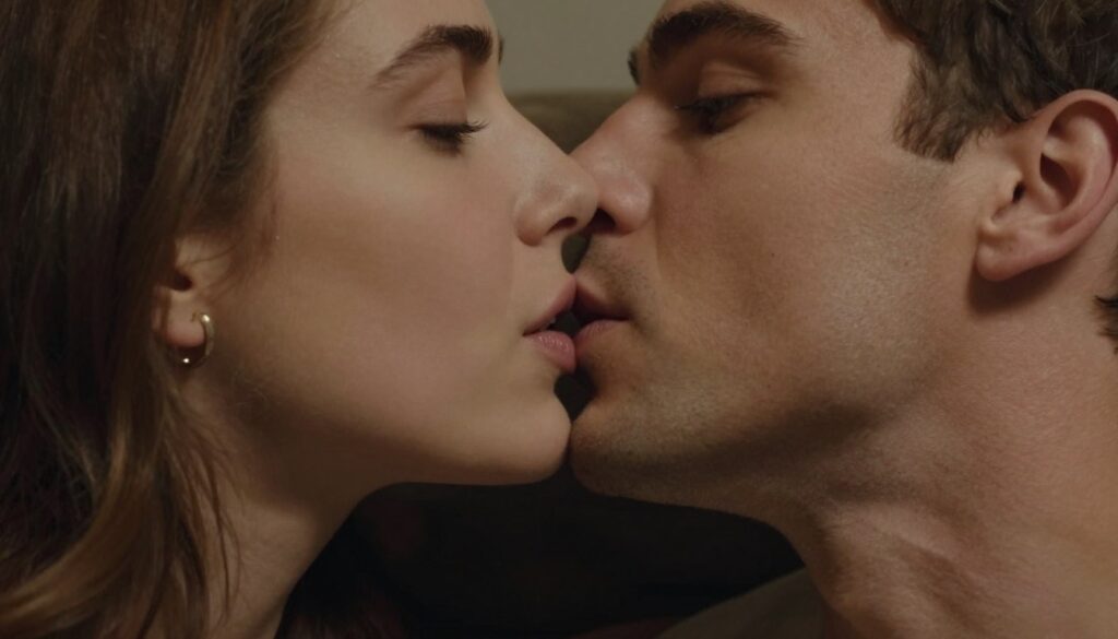 Para w bliskiej odległości, mężczyzna patrzy na usta kobiety, sygnalizując chęć pocałunku