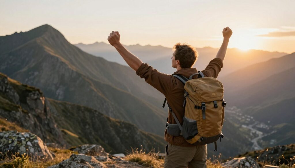 Podr&oacute;żnik z plecakiem świętujący urodziny na tle g&oacute;rskiego krajobrazu