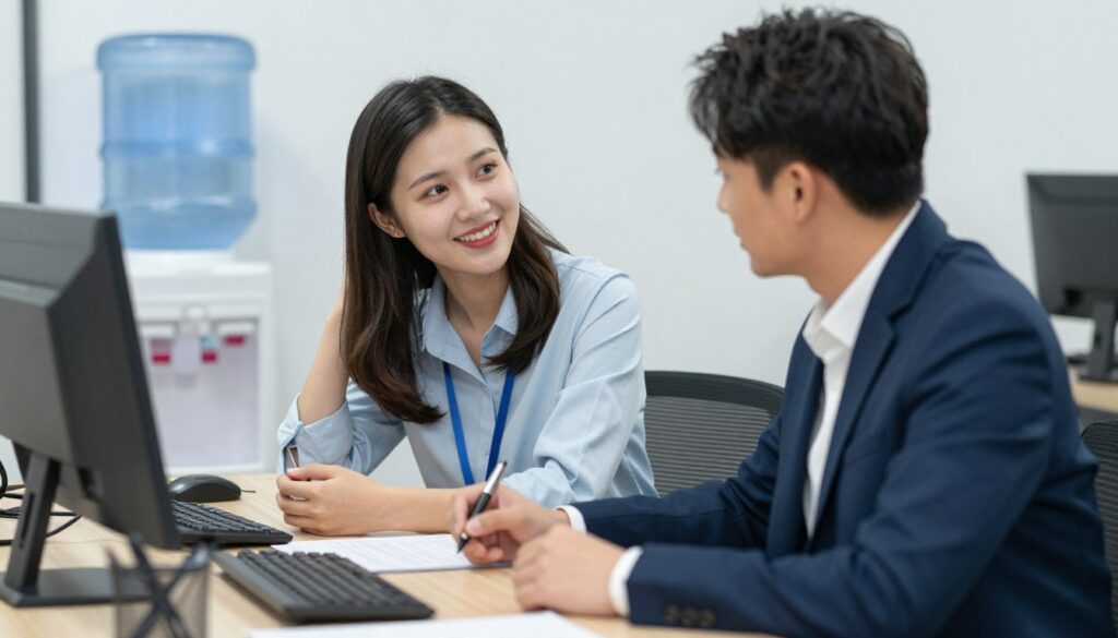 Subtelny flirt w biurze, kobieta i mężczyzna rozmawiający przy biurku z pozytywną mową ciała