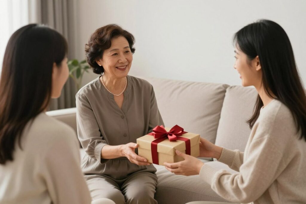 Teściowa wręczająca prezent synowej podczas rodzinnego świętowania urodzin