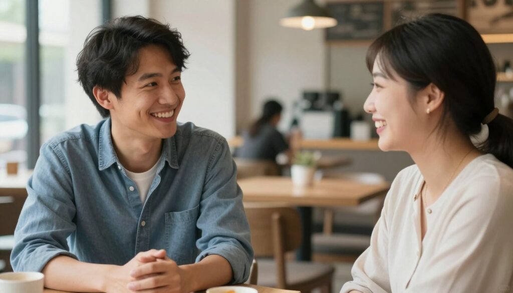 Uśmiechnięte osoby w przyjaznej rozmowie, symbolizujące zdrowe granice i asertywność, jak grzecznie odm&oacute;wić zaproszenia