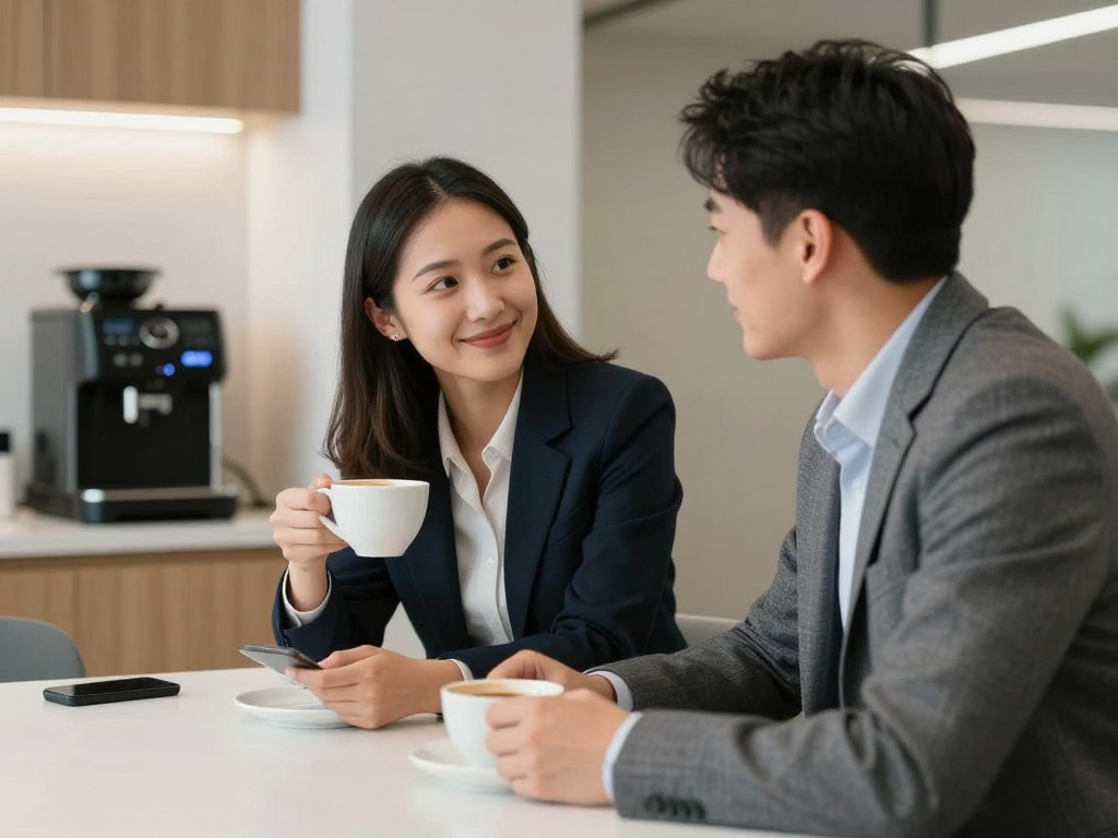 Wsp&oacute;łpracownicy rozmawiający przy kawie, wykazujący subtelne oznaki flirtu