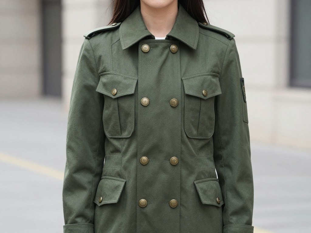 Damski płaszcz w stylu militarnym z charakterystycznymi guzikami i pagonami