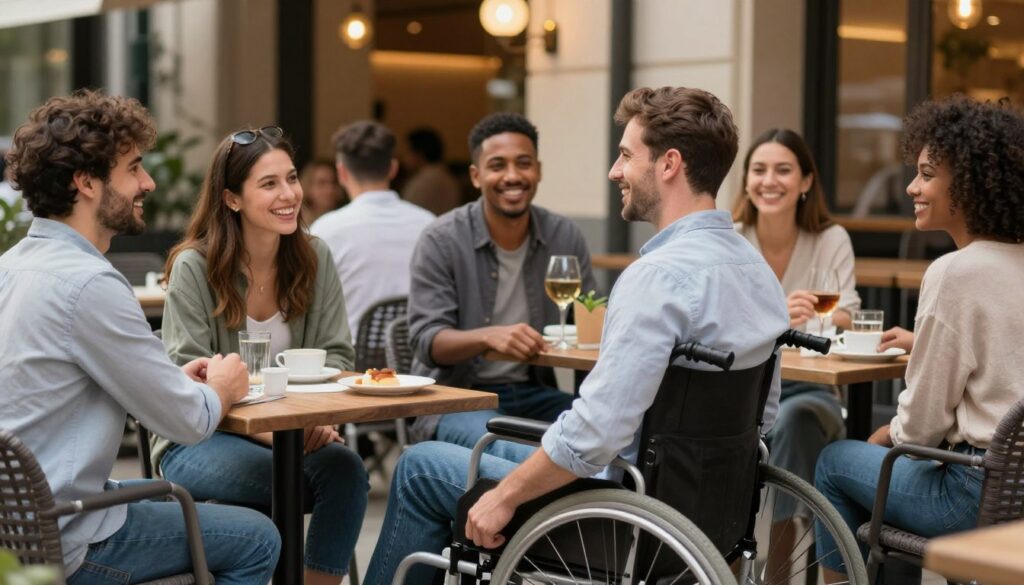 Grupa przyjaci&oacute;ł wspierająca parę, gdzie jeden z partner&oacute;w jest na w&oacute;zku inwalidzkim