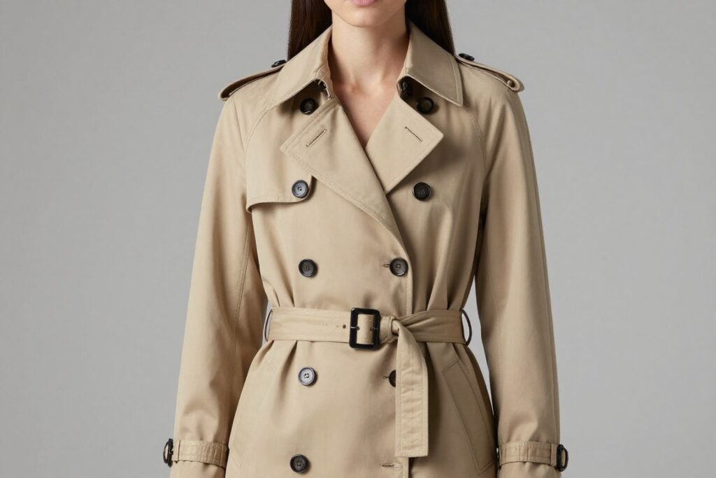 Klasyczny trencz damski w kolorze beżowym z paskiem w talii