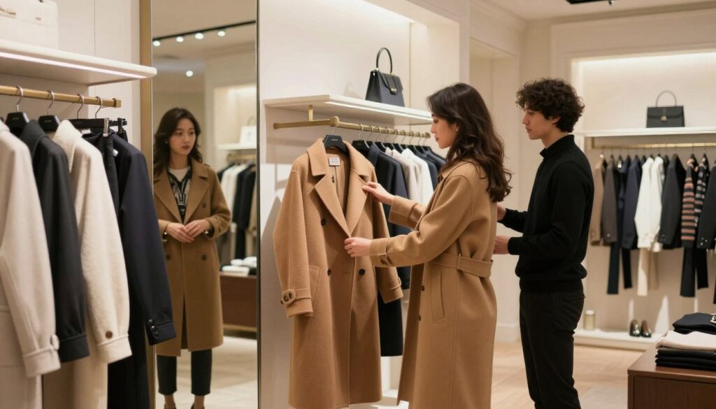 Kobieta przymierzająca r&oacute;żne rodzaje płaszczy damskich w sklepie