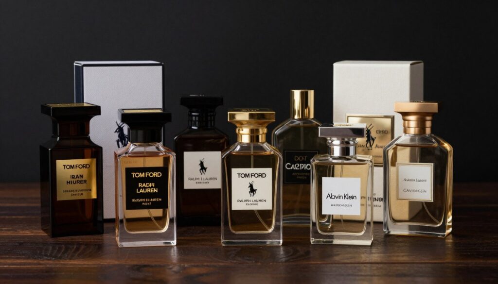 Kolekcja amerykańskich perfum męskich r&oacute;żnych marek na eleganckim stole