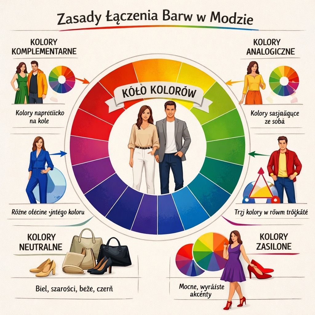 Koło kolorów pokazujące podstawowe zasady łączenia barw w modzie