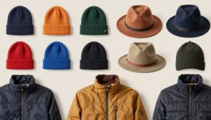 Kolorowe czapki ułożone obok różnych kurtek - wizualizacja podstawowych zasad doboru kolorów