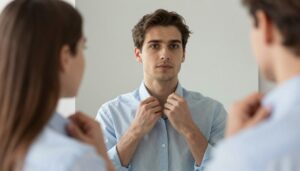 Mężczyzna przygotowujący się mentalnie do zaproszenia dziewczyny na randkę