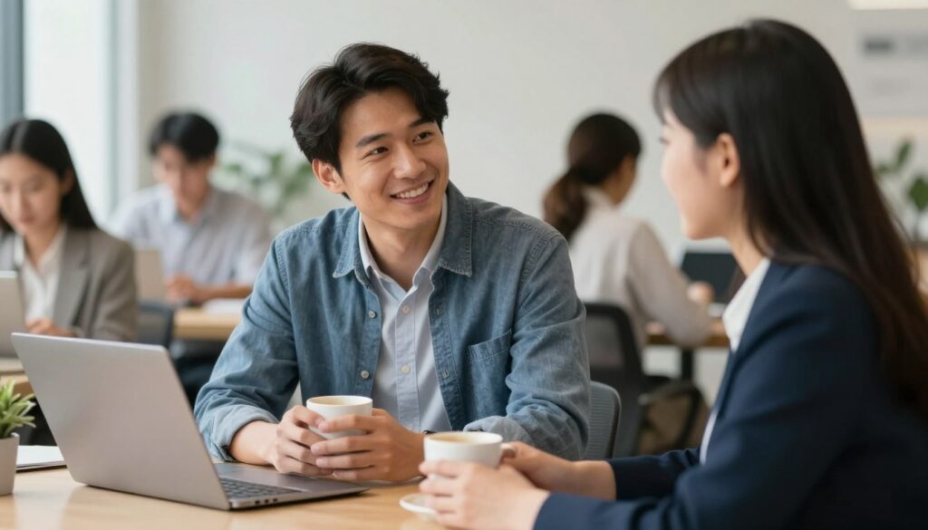 Mężczyzna rozmawiający z koleżanką z pracy w biurze