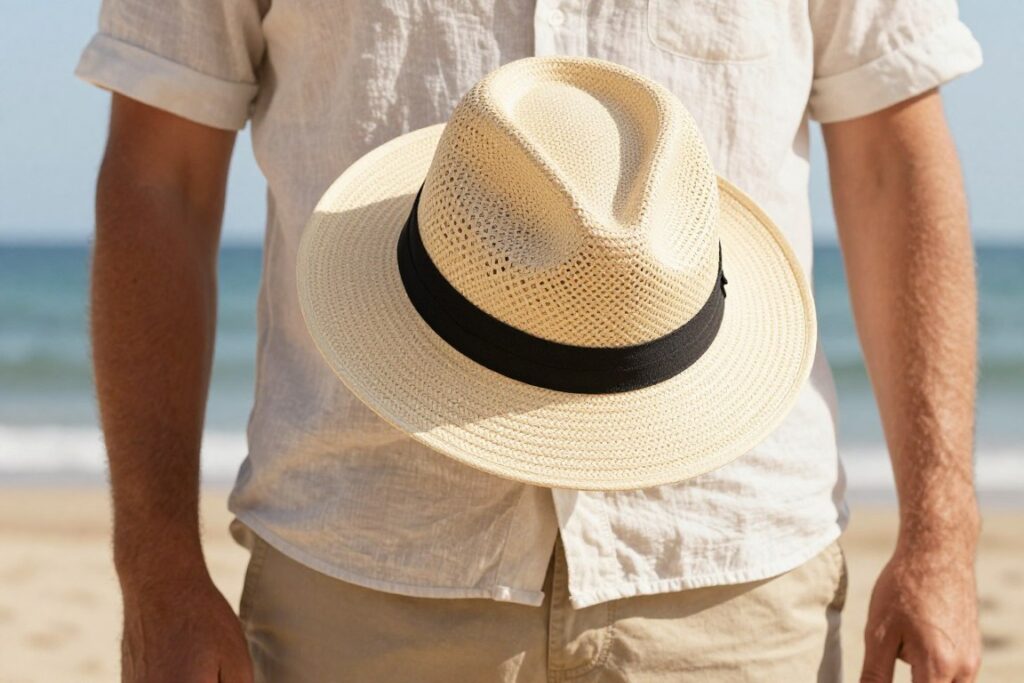 Mężczyzna w kapeluszu panama z letnią stylizacją na plaży