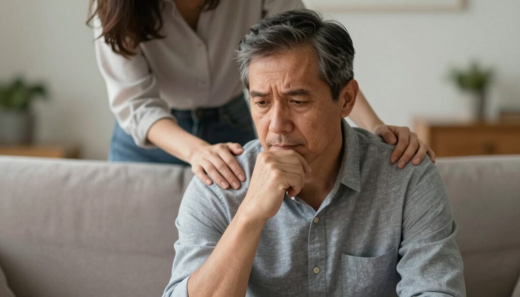 Mężczyzna w średnim wieku z wyrazem zamyślenia, kobieta wspierająco kładzie rękę na jego ramieniu